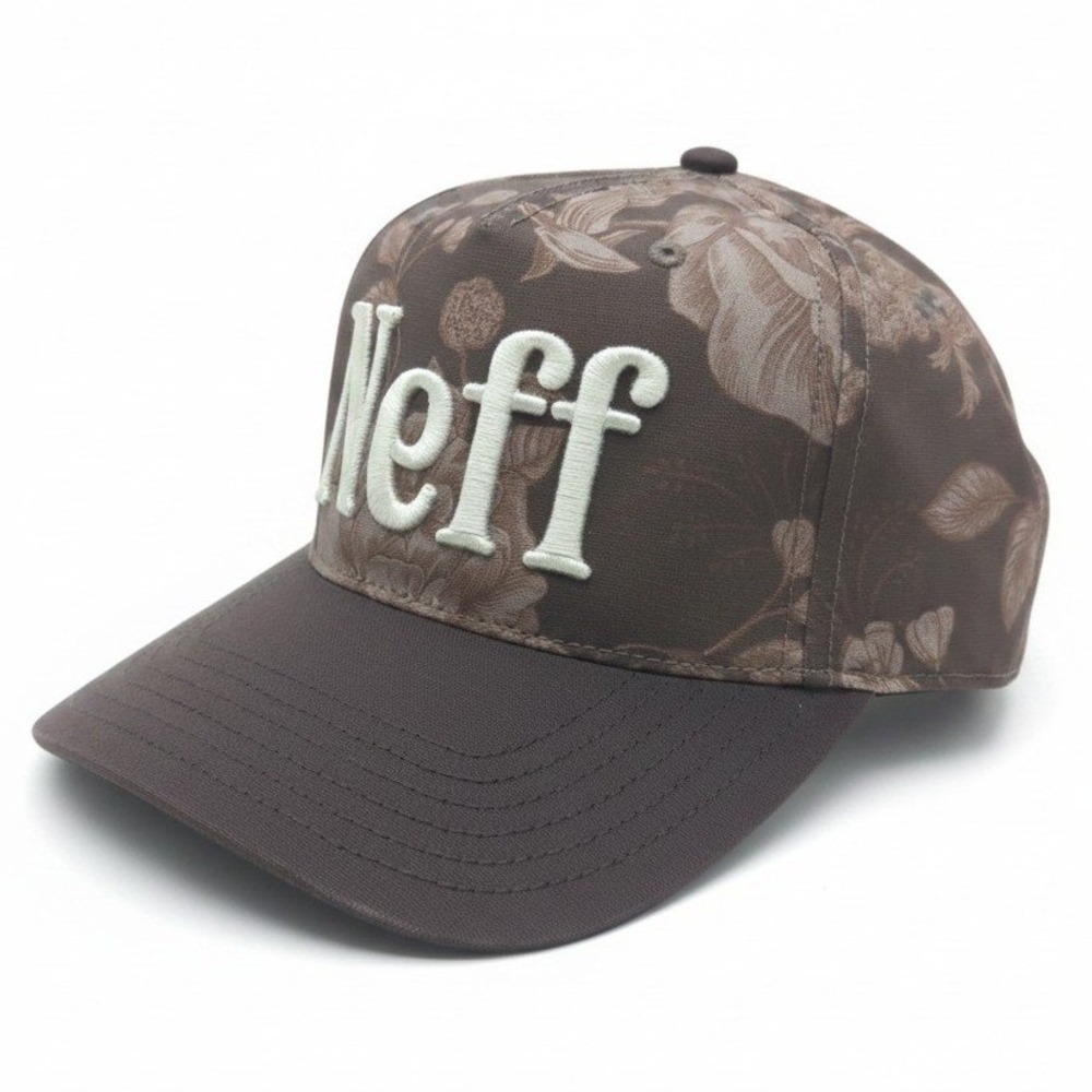 Neff Floral Snapback Hat Brown White Embroidered Logo Flat Brim Skate‎ Cap